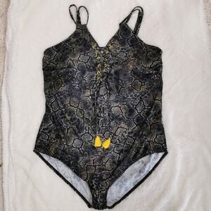 NWT Ulla Popken Snakeskin Print 1-Piece Swimsuit in Green & Black - Sz 28